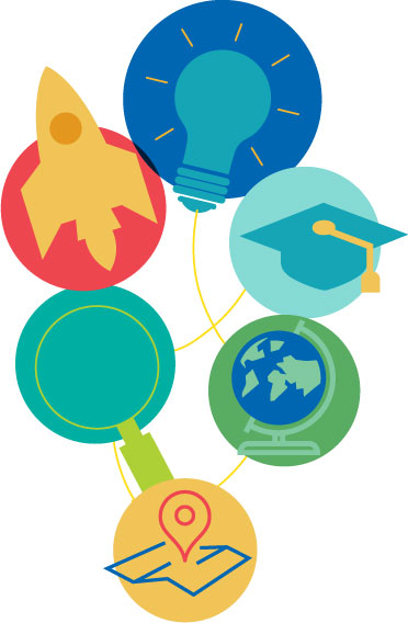 rocket ships, light bulb, graduation hat, globe, magnify glass, and a map