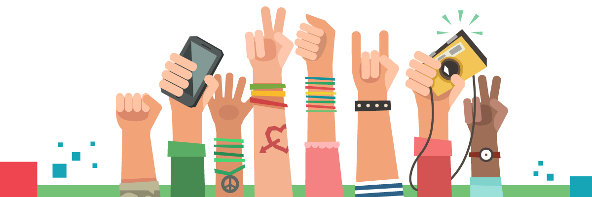 raised arms holding cellphones and cameras